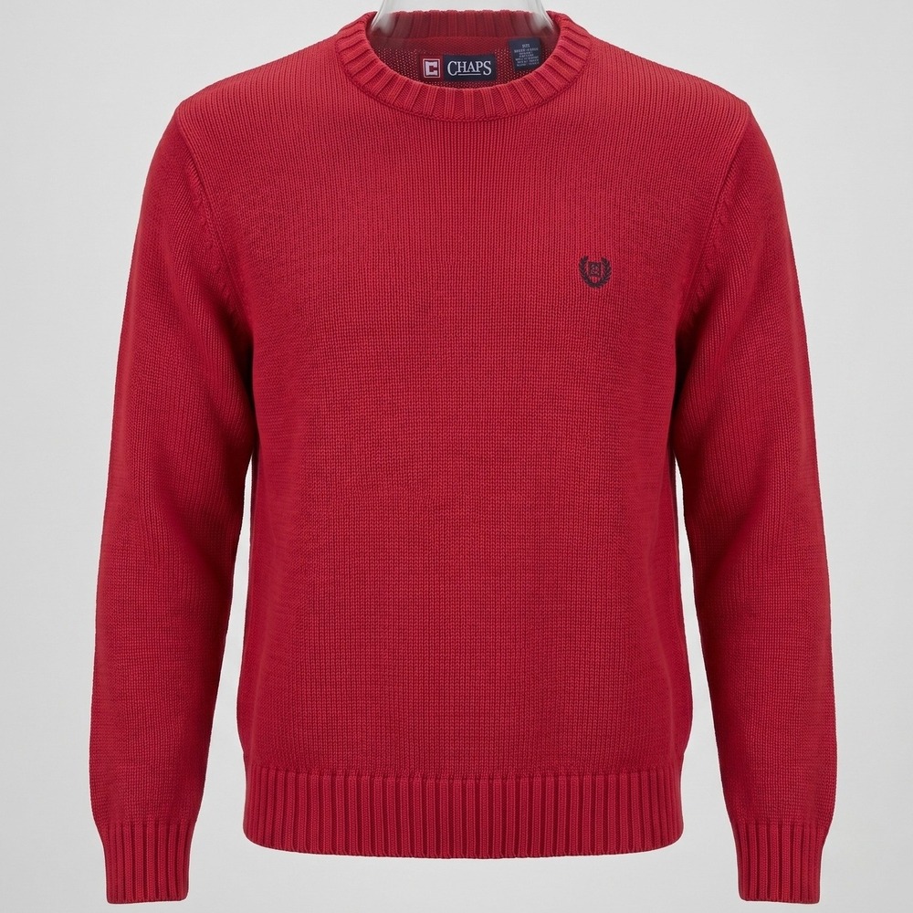 Chaps Mens Large Red Sweater Crewneck Long Sleeve Cotton Knit Logo Ribbed Trim